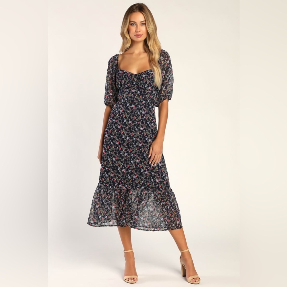 Lulus Sweet Attitude Navy Blue Floral Print Backless Midi Dress Size XL NWT
